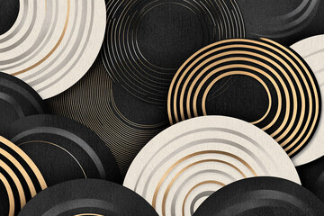 Abstract design featuring layered circles in black, white, and gold, creating a modern artistic backdrop