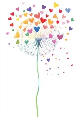 Colorful Dandelion With Heart Shapes Symbolizing Love, Perfect for Valentine's Day, Anniversary, Wedding Invitations, Greeting Cards, Romantic Designs, or Love-Themed Projects