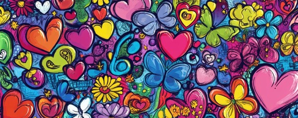 Colorful heart and butterfly doodle pattern with vibrant flowers and swirls
