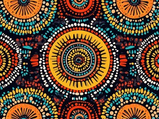 A vibrant African pattern with intricate geometric designs and circular motifs, reflecting the rich cultural heritage of Africa
