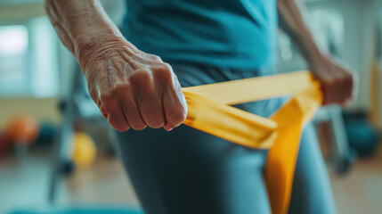 Elderly person using resistance band in physical therapy session