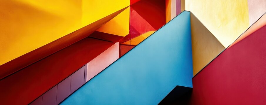 Colorful geometric architectural abstract with red, yellow, and blue angles