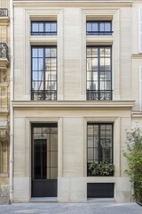 Obraz premium Elegant architectural design of a contemporary building featuring large windows and classic elements in a charming street of Paris during daytime