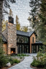 Obraz premium Discover a delightful modern cabin tucked away in the serene forest, featuring a cozy stone fireplace and expansive windows that provide stunning views of nature at dusk