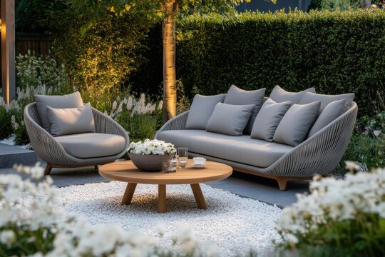 Stylish outdoor seating arrangement in a lush garden with cozy cushions and a wooden coffee table surrounded by beautiful flowers at dusk