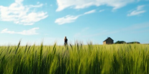 A UK barley field during early summer, with tall green stalks swaying gently in the wind