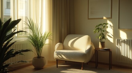 Sunlit Living Room Featuring Armchair And Plants