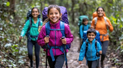 Fototapeta premium Happy Girl Hiking With Family Through Forest Trails