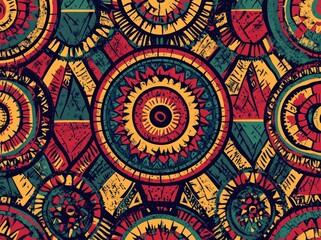 A vibrant and colorful African pattern featuring traditional geometric shapes, such as circles and triangles