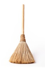 Straw broom with wooden handle, simple broom design. Straw broom ideal for sweeping. Wooden handle broom, classic cleaning tool. Straw broom, versatile and durable.