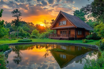 Cozy wooden house reflects sunset hues over tranquil garden pond in serene countryside