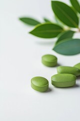 A bunch of green pills are on a white background. The pills are small and green in color