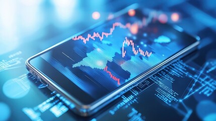 Fototapeta premium Close up of smart phone with creative forex chart on blue background. Trade, finance, technology and communication concept. Mock up, 3D Rendering illustration
