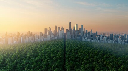 Fototapeta premium A detailed 3D rendering of a city divided into two halves one clean and green, the other covered in smog and pollution