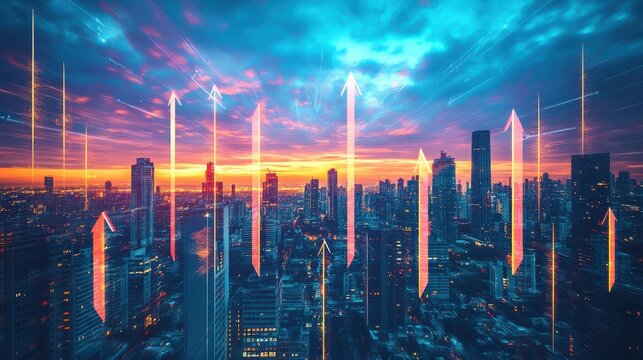 Vibrant city at dawn, arrows rising from the urban jungle, indicating strong economic growth and promising investment avenues