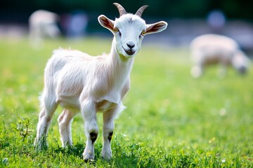 Obraz premium Playful young goat enjoys a sunny day on a green pasture in springtime