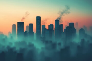Fototapeta premium A detailed 3D representation of PM 2.5 particles swirling around a city skyline, creating a suffocating haze