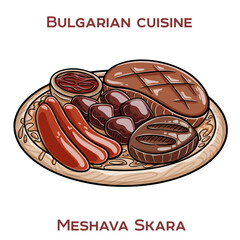Bulgarian Mixed Grill (Meshana Skara): A hearty platter featuring an assortment of grilled meats including kebapche, kyufte, pork steaks, and sausages, served with fresh vegetables ands.