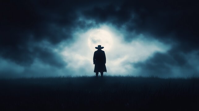 A silhouette shadowy figure wearing a wide-brimmed hat stands alone on a hilltop, illuminated by the light of a full moon. Dark clouds swirl around, creating an eerie atmosphere at night.
