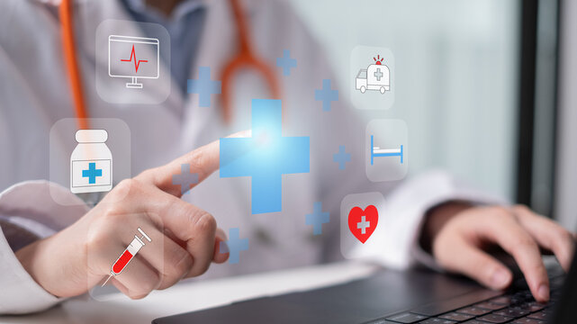 Professional health care worker doctor stethoscope medicine ambulance ekg icon concept