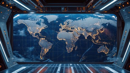 A futuristic view of Earth displayed on a large screen, showcasing illuminated continents and oceans in a high-tech environment.