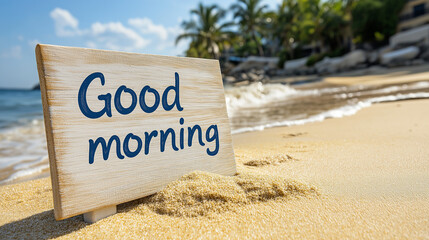 Beach Good Morning Sign Summer Vacation Tropical Paradise Sand Ocean Waves Wooden Board day sea sun 