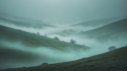 A serene landscape featuring rolling hills shrouded in mist, creating a tranquil and mysterious atmosphere.
