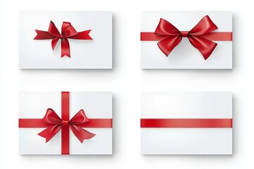 Elegant white blank gift cards adorned with red ribbon bows, perfect for any occasion or celebration, sitting gracefully against a white backdrop