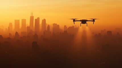 A futuristic 3D drone spraying a smog-covered city with a glowing mist of clean air, showcasing potential climate solutions