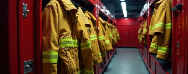 Obraz premium Neatly folded firefighter turnout gear in a fire station locker , clean, ready