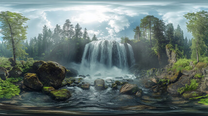 豪雨後の滝と森を360度で捉えた迫力と静寂の自然風景