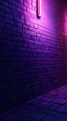 A dimly lit alleyway with purple neon lights casting vibrant shadows.