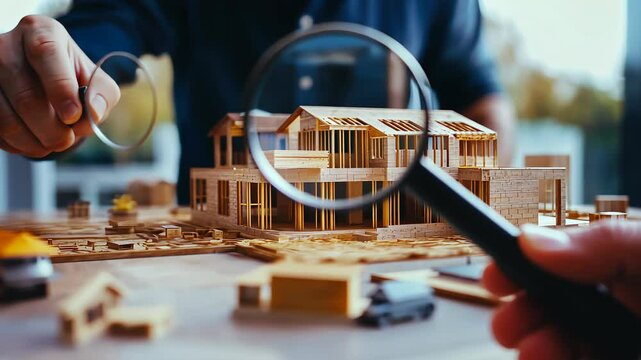 engineer use magnifying glass inspecting construction new house.inspecting construction and quality assurance new house. Engineers or architects or contactor work to build the house.
