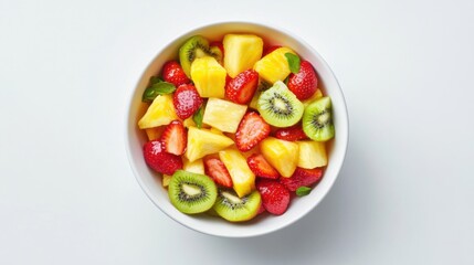 A bowl of vibrant mixed fruit salad with chunks of pineapple, kiwi, and strawberries