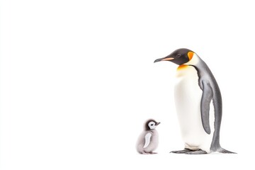 Fototapeta premium An adult emperor penguin stands beside its fluffy chick on a bright white background, showcasing a tender moment