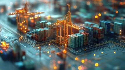 Global trade hub, advanced data visualization, 3D illustration.