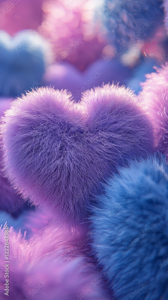 Poster a lively arrangement of fluffy hearts in shades of purple and blue fills the background, adding a wh