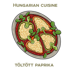 Toltott paprika is a traditional Hungarian dish featuring bell peppers stuffed with a savory mixture of ground meat, rice, and spices, often served with a tangy tomato sauce.