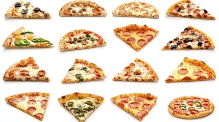 A variety of pizza slices displayed on a white background.