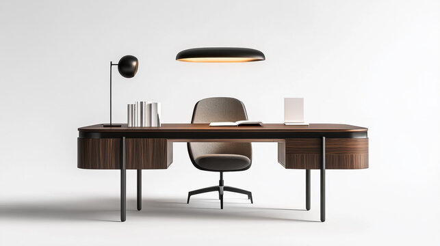 Modern office desk with a table lamp on a white background, ideal for workspace or home office setups