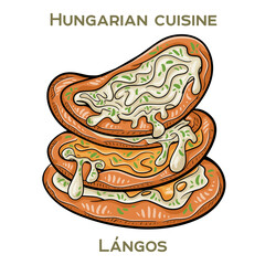 Langos is a traditional Hungarian street food consisting of deep-fried dough topped with sour cream, cheese, and sometimes garlic or bacon.