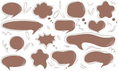 Speech bubbles designs set in shape of heart, star. Abstract speech bubbles. Mocha mousse pantone color 2025. Hand drawn vector illustration in flat style. Dialogue element.