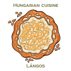 Langos is a traditional Hungarian street food consisting of deep-fried dough topped with sour cream, cheese, and sometimes garlic or bacon.