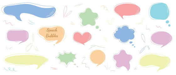 Colorful speech bubbles designs set in shape of heart, star. Abstract speech bubbles. Pastel color message box designs. Hand drawn vector illustration in flat style. Dialogue element.