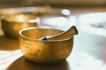 Close up Tibetan singing copper bowl