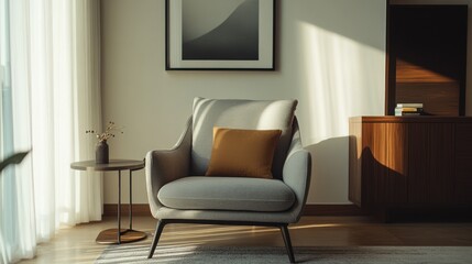 Sunlit Modern Armchair With Orange Pillow In Room