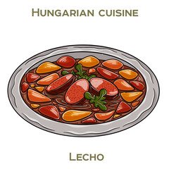 Lecho is a traditional Hungarian dish featuring a vibrant mix of stewed peppers, tomatoes, and onions, often served as a side or main course.