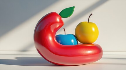 Obraz premium Colorful abstract sculpture featuring a red shape cradling three vibrant apples in a bright setting