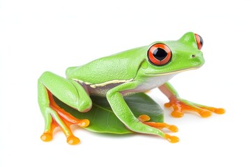 A vibrant green frog with striking red eyes perched on a leaf, showcasing its natural beauty in a minimalistic setting
