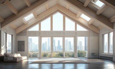 Fototapeta premium Homebuilding concept. Spacious loft with open beams and city skyline view, under construction